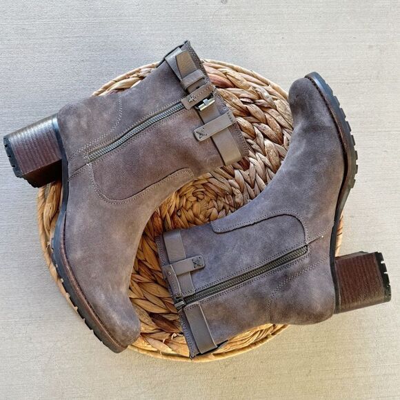 Trask Womens Madison Moto Gray Leather Block Heel Lug Sole Ankle Boots - Picture 5 of 7